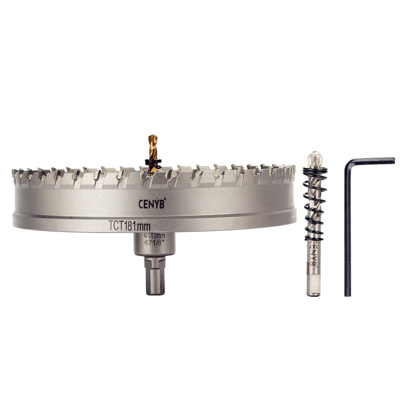 cenyb 7-1/8" (181mm) Tungsten Carbide Tipped Hole Saw with 2Pcs Titanium-Plated Pilot Drill Bits for Hard Metal,Stainless Steel,Iron,Aluminum Alloy,Wood and Plastic - Image 1